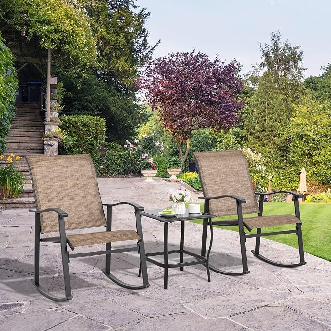 Shintenchi Rocking Chair Outdoor with Table, 3 Piece Rocking Patio Bistro Set, Outdoor Furniture Set with Metal Frame and Textilene Fabric for Small Space, Brown
