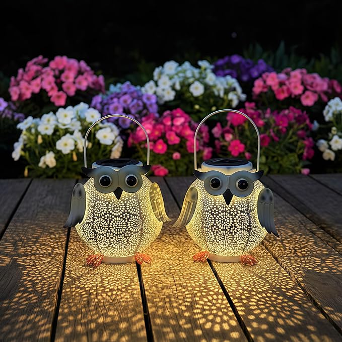 2 Pack Hanging Solar Lanterns - Garden Light Waterproof Metal Decorative Solar Lantern Lights Outdoor for Patio Yard Table Pathway (White owl 2pk)