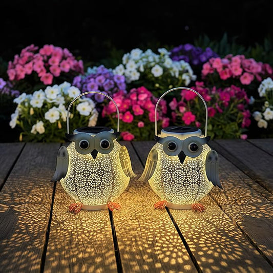 2 Pack Hanging Solar Lanterns - Garden Light Waterproof Metal Decorative Solar Lantern Lights Outdoor for Patio Yard Table Pathway (White owl 2pk)