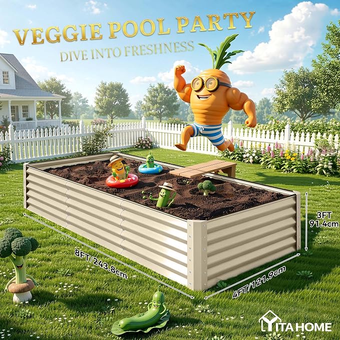 YITAHOME 8x4x3ft Large Raised Garden Bed Kit, Galvanized Metal Planter Box with Gloves, Support Rod & Safety Rubber, Outdoor Above Ground Planters for Plants Vegetables Flowers, Cream Yellow