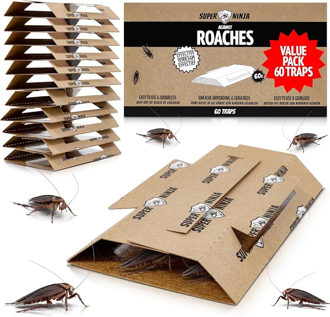 Super Ninja Roach Traps Indoor – 60 Pack, Roach Killer Indoor Infestation Control, Safe & Toxin-Free Cockroach Trap with Food Attractant, Nature-Friendly Pest Solution for Home, Garage & Shed