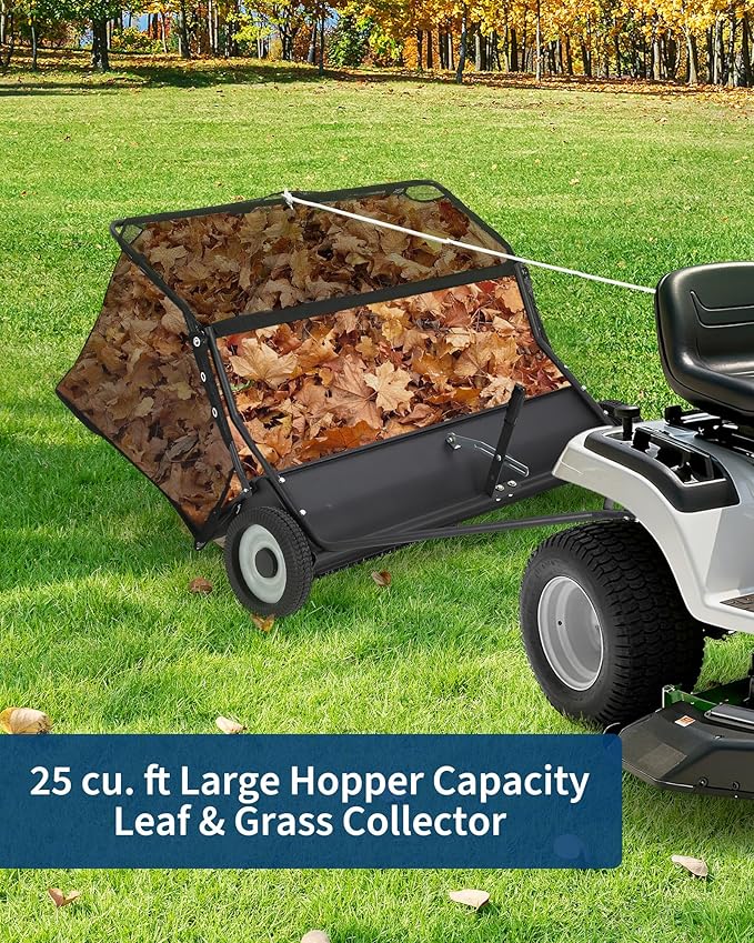 Garvee 48" Lawn Sweeper Tow Behind, Pull Behind Yard Sweeper, 26 Cu. Ft Large Hopper Leaf & Grass Collector, Heavy Duty Garden Sweeper with Adjustable Sweeping Height for Yard, Lawn, Farm