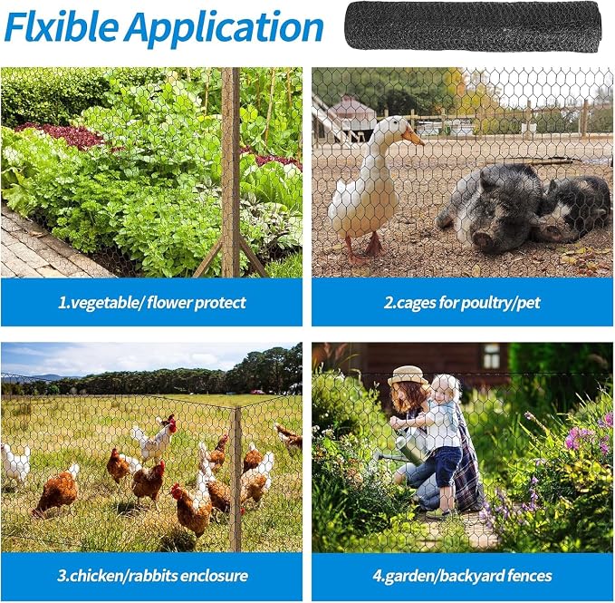 36'' x 50' Black Chicken Wire Fencing, 1 inch Chicken Wire and 19 Gauge Poultry Netting, Garden Mesh Fence Roll for Floral Arrangements/Crafts/Farm/Livestock/Pet Protection