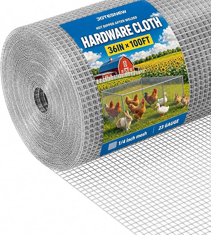 Jotesnew Galvanized Hardware Cloth 36in x 100ft, 1/4 inch Silver Hot Dipped Galvanized Welded Cage Wire Mesh, 23Gauge Wire Mesh Roll for Gardens, Chicken Coops & Poultry Netting Cage Fence