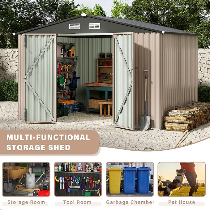 8x6ft Heavy Duty Outdoor Storage Shed, Metal Tool Shelter with Lockable Doors, Air Vents, Large Weatherproof Utility Building for Backyard Patio Lawn – Wind & Rain Resistant, UV Protection