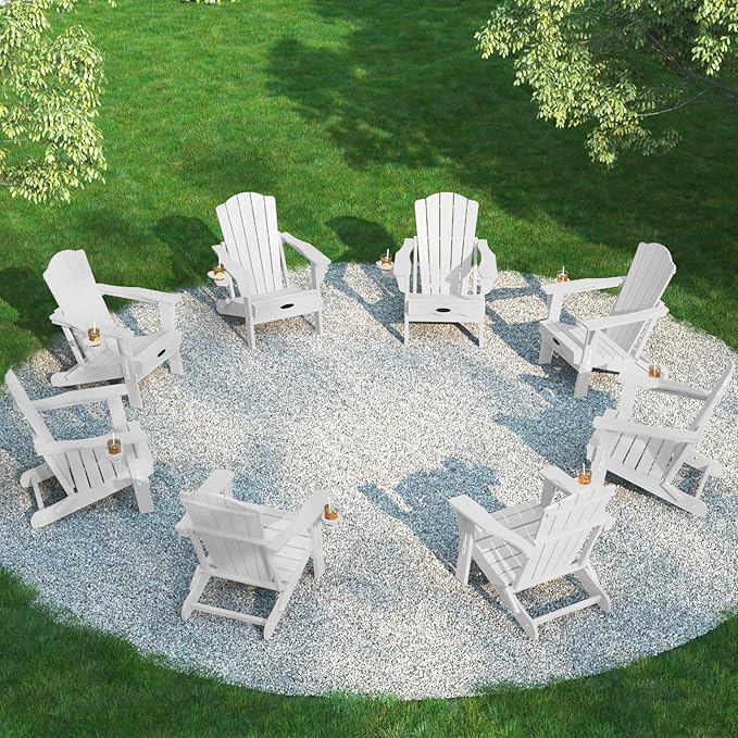 THOEOE Folding Adirondack Chair Set of 8, HDPE All-Weather Outdoor Chair with Cup Holder, Wooden Textured, Fire Pit Chair, Plastic Patio Chair for Deck, Backyard, Garden, Lawn, White