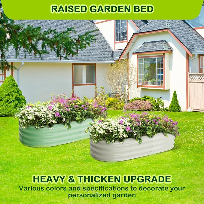 GarveeLife 2 Pcs 4.5x2x1.5ft Oval Raised Garden Bed,Galvanized Raised Beds,Open-Ended Base Metal Raised Planter Beds,Garden Bed Outdoor,Planter Raised Boxes for Vegetables,Flowers,Tool-Free Asse,White