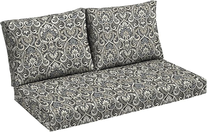 Arden Outdoor Loveseat Cushion Set, 48 x 24, Rain-Proof, Fade Resistant, Cushion Set for Couch, Bench, and Swing Black Aurora Damask