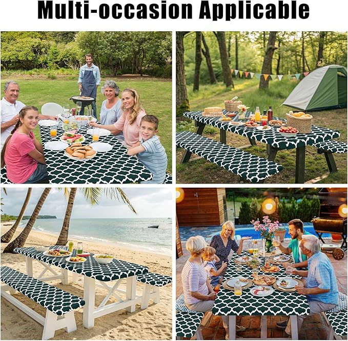 Smiry Picnic Table Cover with Bench Covers, Waterproof Elastic Fitted Tablecloth for 6 Foot Tables, Washable Polyester Tablecloths for Camping, Indoor & Outdoor (Hunter Green, 30x72 Inch 3-pc Set)