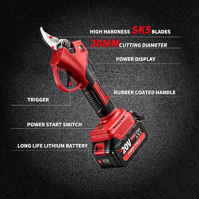 Brushless Electric Pruning Shears, Cordless Portable Pruning Shears with 2 x 20V 2.0Ah Batteries & Charger, 30 mm Cutting Capacity, SK5 Steel Blades, for Garden Fruit Tree Trimming