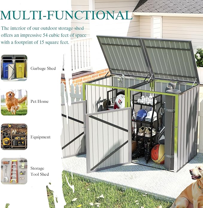 YOPTO Outdoor Storage Shed Metal Trash Can Storage,54 Cu.Ft Garbage Can Storage Shed W/Lid Chain,Hydraulic Mechanism & Pneumatic Spring Support Rods,for 2 Trash Bins,Bike,Garden Tools,Light Gray