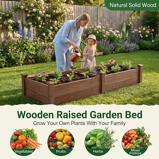 8x2ft Outdoor Wooden Raised Garden Bed,Elevated Planting Planter Box for Vegetables/Garden/Lawn/Patio,Acorn Brown, 96 x 24 x 9in