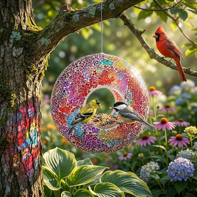 DUSVALLY 9 inch Fly Through Bird Feeder for Wild Birds, Colored Glass Mosaic Outdoor Hanging Feeder - Squirrel Proof Design, Easy to Clean, Weather Resistant Garden Decor for Hummingbirds Finches