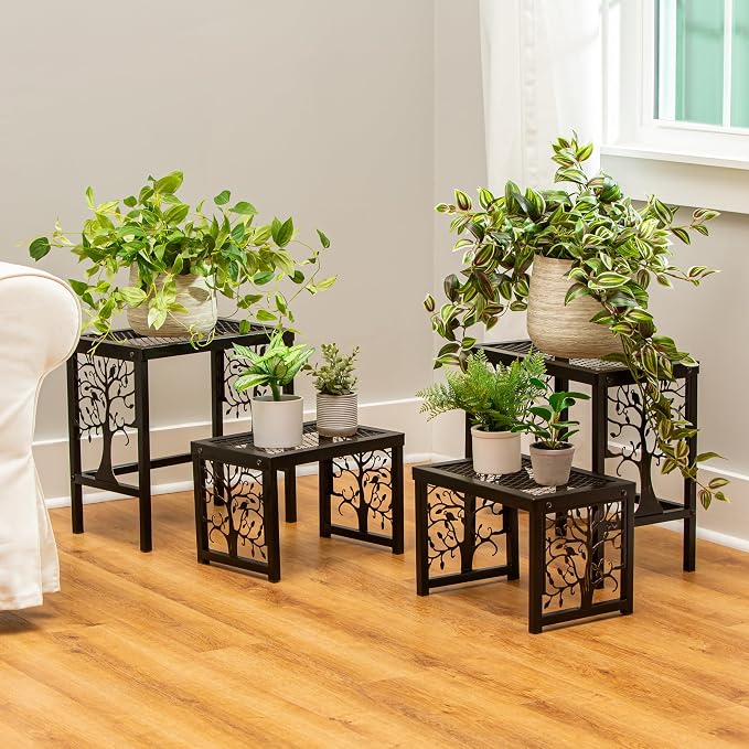 Evergreen Garden Nesting Plant Stands Indoor/Outdoor, Metal Plant Stand for Patio, Porch, Garden, Corner Plant Stands for Indoor Plants (Tree of Life, Set of 4)