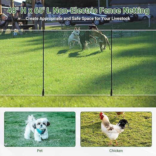 Temporary Fence with Posts 4' x 65' Suitable for Backyard, Garden | Boundary Chicken Fence with Double Spiked Fiberglass Posts & Windbreak Rope, Portable Non Electric Fence Netting
