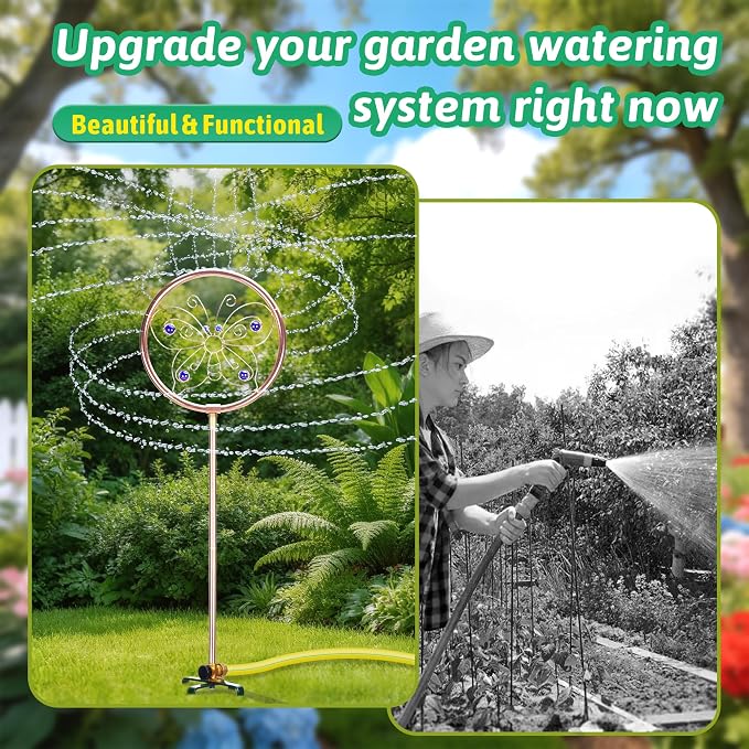 34" Tall Copper-Coated Stainless Steel Garden Sprinkler, 360° Rotating Decorative Ornamental Sprinkler for Lawn, Yard & Landscape Watering (Butterfly)