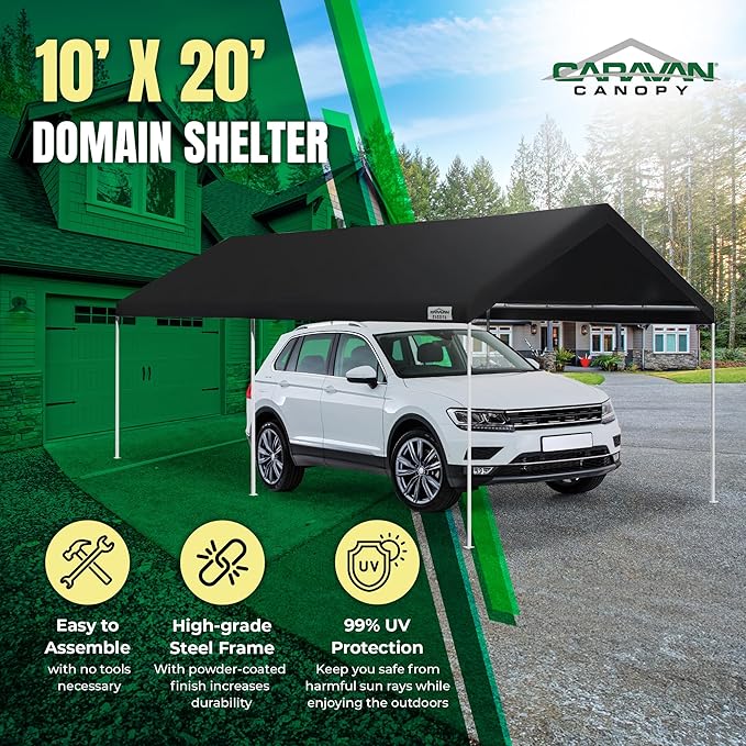 Caravan Canopy Domain Pro 200 Straight Leg 10 by 20 Foot Outdoor Canopy Car Tent 10x20 with Durable Powder Coated Steel Frames, Black