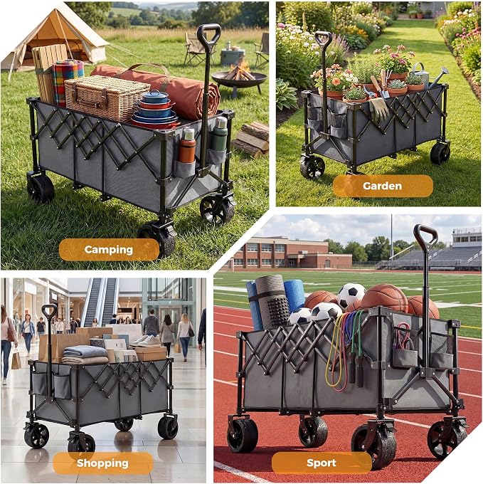 OLIXIS 49" Extra Long Folding Wagon Cart, 440LBS Heavy Duty Collapsible Wagon with Big All-Terrain Wheels, 250L Portable Outdoor Utility Cart for Shopping, Garden, Camping, Grocery, Sports - Grey