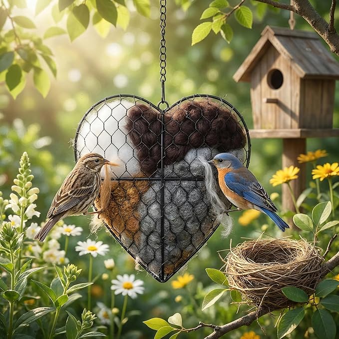 Handmade Fiber Bird Nesting Heart, Nesting Material for Wild Bird, Refillable Nesting Accessories, Hummingbird Nest/House, Outdoor Garden Decortion, Gifts for Bird/Nature Lovers (1pc)