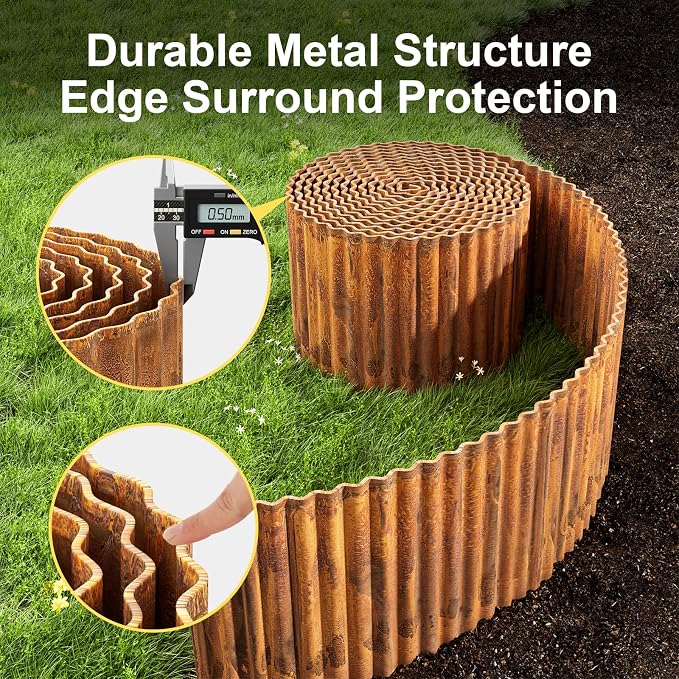 Land Guard Corrugated Garden Edging Border, 12" x 50' Landscape Paver Edging, Tall Landscape Edging, Fence for Garden, Flower Bed, Lawn and Landscape Edging (Rusty)