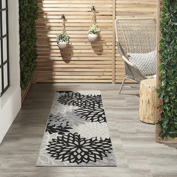 Nourison Home Aloha Indoor/Outdoor Black White 2'3'' x 8' Area-Rug, Tropical, Botanical, Easy-Cleaning, Non Shedding, Bed Room, Living Room, Dining Room, Deck, Backyard, Patio (2x8)