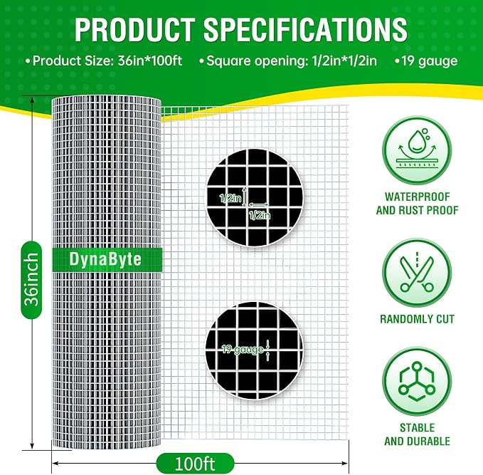 Dynabyte Hardware Cloth 1/2 inch 36 X 100 ft 19 Gauge Wire, Double Layer Hot Dip Galvanized, Rust and Corrosion Resistant, Chicken Wire Mesh Roll, Chicken Wire Fencing, Gopher Wire Mesh