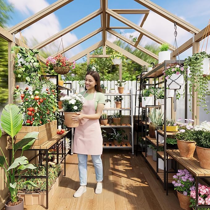 6x8 FT Greenhouse - Large Wooden Greenhouses for Outdoors, Heavy Duty Spruce Frame Greenhouse with PC Panels, Adjustable Roof Vents & Lockable Door, Walk-in Green Houses for Garden, Backyard, Patio