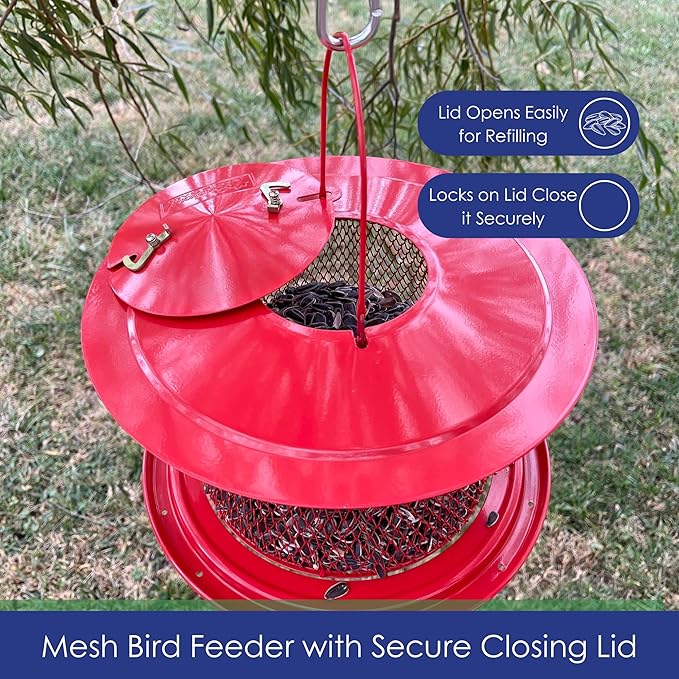 Collapsible Metal Mesh Bird Feeder with Tray - Red Cardinal Bird Feeder - Holds 12 Cups of Sunflower Seeds