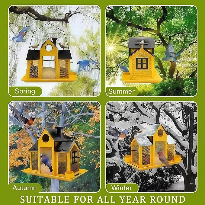 Solar Bird Feeders House for Outside Hanging, Metal Wild Bird Feeder for Outdoors Large Capacity Cardinal Birdfeeder Birdhouses Metal Bird Feeding Station Yellow