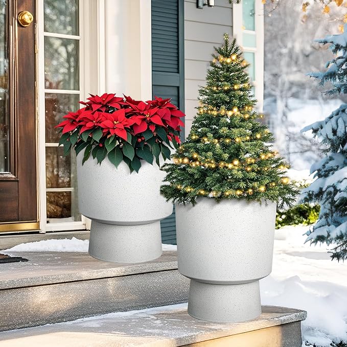 16.75"H Urn-Style Tall Planters, 2-Pack Modern Large Flower Pots for Outdoor Indoor, 2-in-1 Design Plant Containers for Garden Patio Yard Balcony Porch or Home Decor, White Terrazzo, UV-Protect
