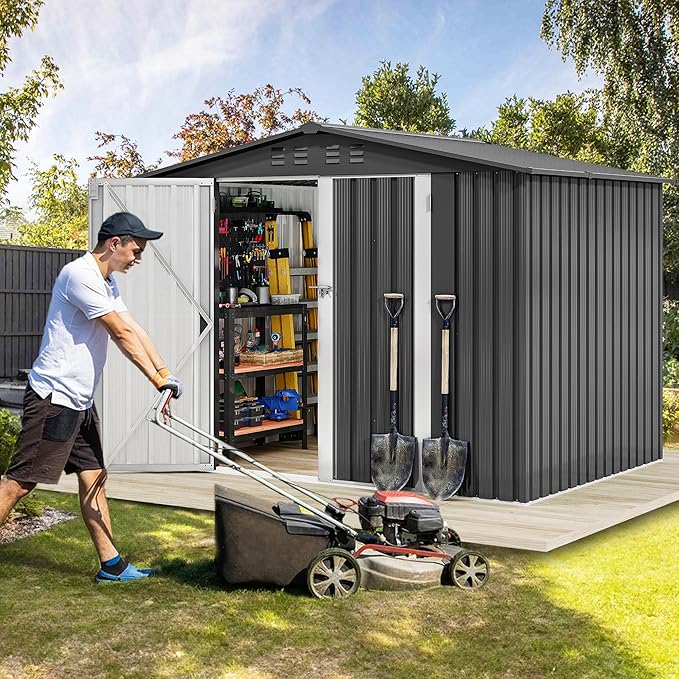 DWVO 7x5FT Outdoor Storage Shelter, Roomy Steel Tool Shed with Secure Entrances & Air Circulation for Patio, Lawn, and Backyard, Ideal for Storing Garden Gear, Lawn Tools, and Bikes, Dark Gray