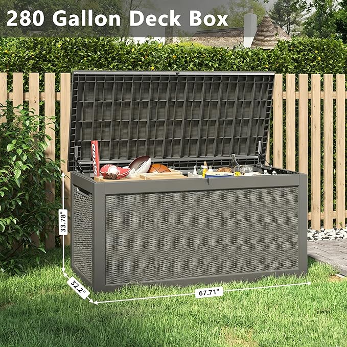 KAMABOKO 280 Gallon Outdoor Storage Box, Resin Deck Boxes Indoor and outdoor, Waterproof Storage Box Lockable Lid for Garden Tools, Package Delivery, Patio Cushions, Grey