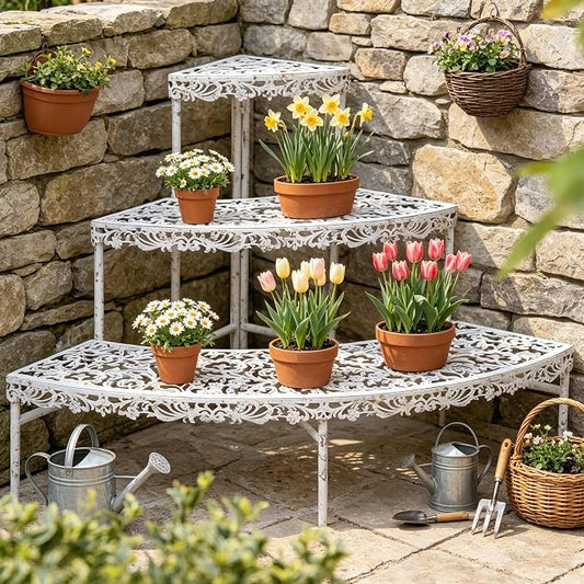 3-Tier Vintage Corner Plant Stand for Indoor Outdoor Distressed Metal Flower Pot Holder Shelves with Ornate Cutout Edges Multi-Level Planter Rack Display Corner Shelf Antique Tall Plant Shelf for Patio Porch Garden Balcony Living Room (White)