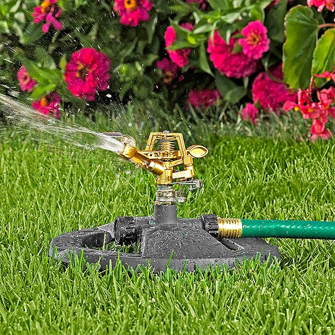 Melnor 65195AMZ Deluxe Pulsating Lawn Sprinkler, 85 ft. Diameter Coverage, Adjustable Watering Pattern, Metal Spray Head, Weighted Sled Base, Grey