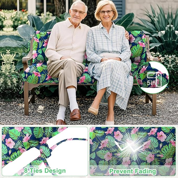 Porch Swing Cushions 2 Seater Replacement Thicken 5" Waterproof & Fade Resistant Swing Cushions for Outdoor Furniture Bench Patio Swing Cushion with Backrest & Ties(Navy Floral 48x40x5inch)