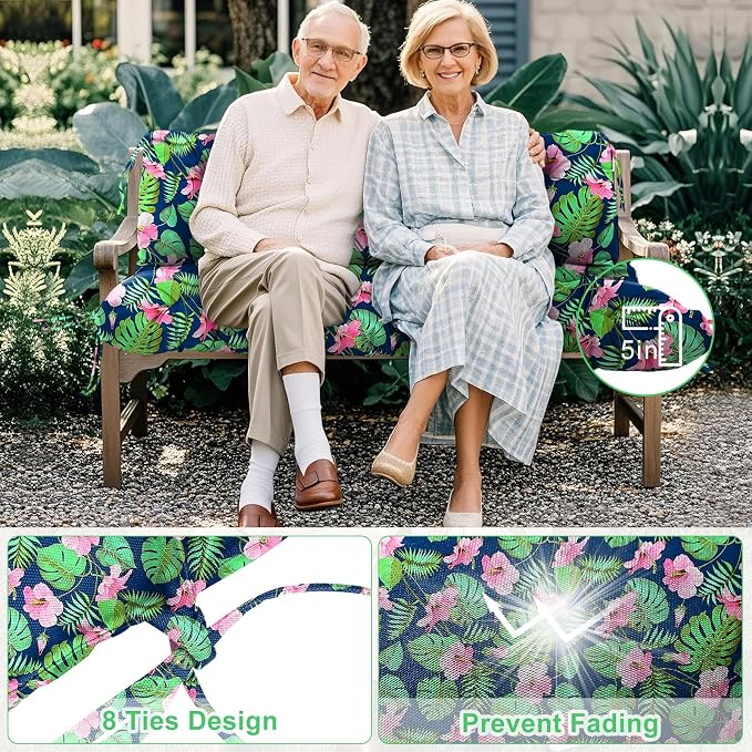 Porch Swing Cushions 3 Seater Replacement Thicken 5" Waterproof & Fade Resistant Swing Cushions for Outdoor Furniture Bench Patio Swing Cushion with Backrest & Ties(Navy Floral 60x40x5inch)