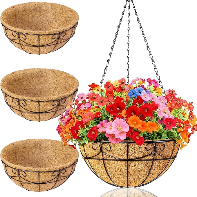 3 Pack 12 Inch Hanging Baskets for Plants Outdoor - Metal Hanging Planters for Outdoor Plants with Coco Liners - Heavy Duty Empty Hanging Flower Pots for Porch Patio Garden