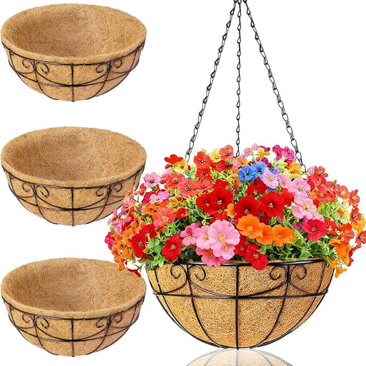 3 Pack 13.5 Inch Hanging Baskets for Plants Outdoor - Metal Hanging Planters for Outdoor Plants with Coco Liners - Heavy Duty Empty Hanging Flower Pots for Porch Patio Garden