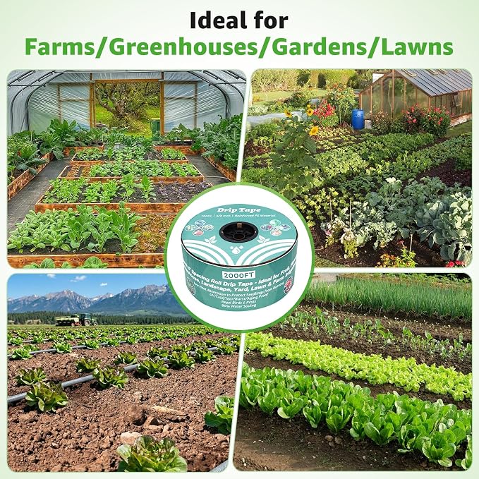 2000FT 5/8" Drip Tape Irrigation, 16 Mil Heavy Duty with 6" Emitter Spacing, Silver Reflective Drip Tape Resistant to Pecking & Biting, Heat-Safe for Seedlings, Ideal for Garden Farm Greenhouse Patio
