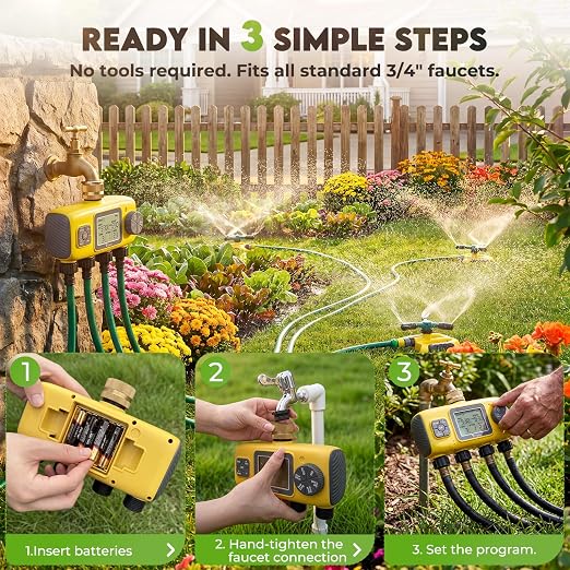 4 Zone Water Timer for Garden Hose, 4 Outlets Sprinkler Timer for Watering with Brass Inlet,Rain Delay/Automatic/Manual Irrigation System for Garden Sprinkler Controller for Lawn Yard Garden