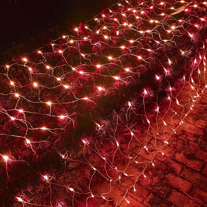 Dazzle Bright Christmas Net Lights, 360 LED 12FT x 5 FT Transparent Wire Waterproof Connectable String Lights with 8 Modes Christmas Outdoor Lights for Bushes Garden Party Holiday Decoration (Red)
