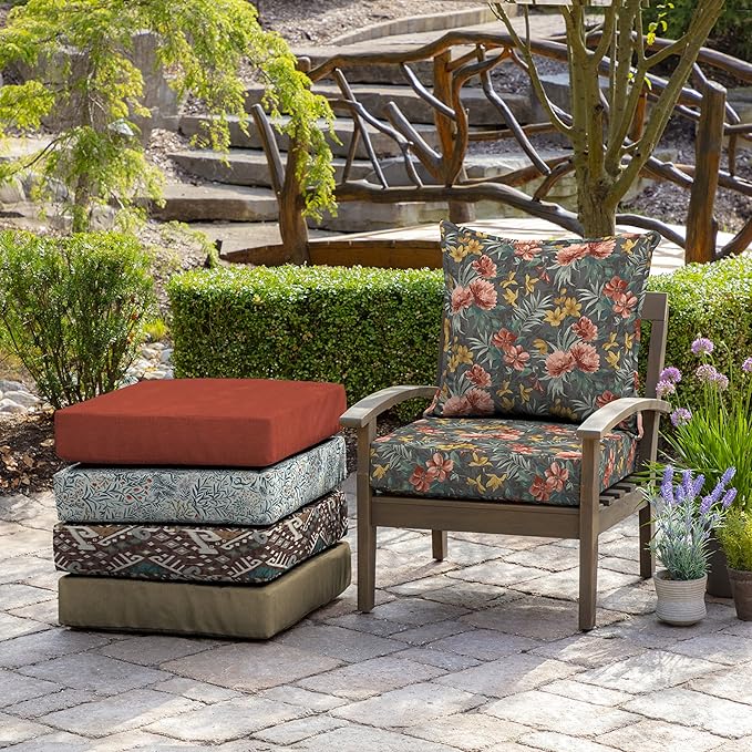 Arden Outdoor Deep Seat Cushion Set (2-Pack), 24 in x 24 in, Weather-Proof, Rain-Proof, Fade Resistant Patio Cushion for Chair, Sofa, and Couch Phoebe Grey Floral