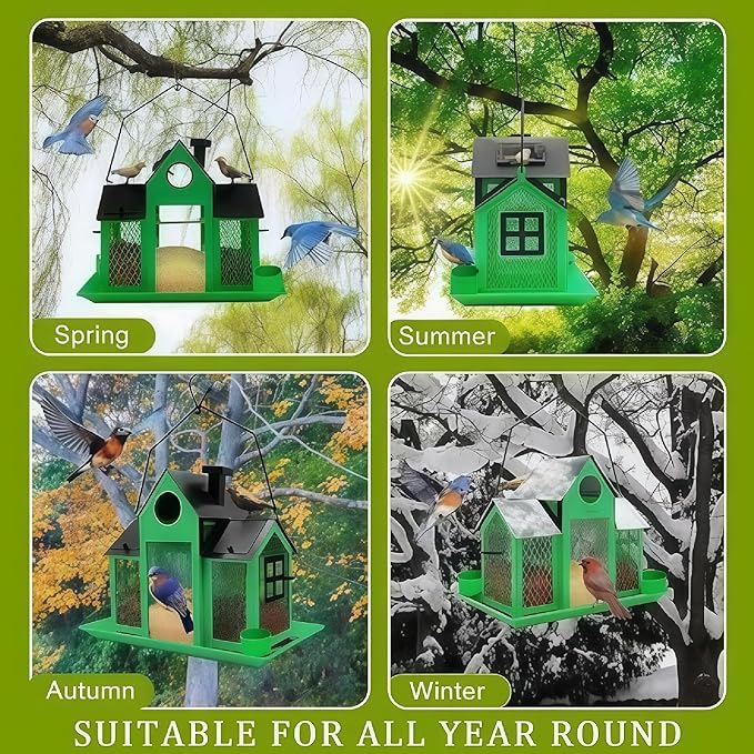 Solar Bird Feeders House for Outside Hanging, Metal Wild Bird Feeder for Outdoors Large Capacity Cardinal Birdfeeder Birdhouses Metal Bird Feeding Station Green