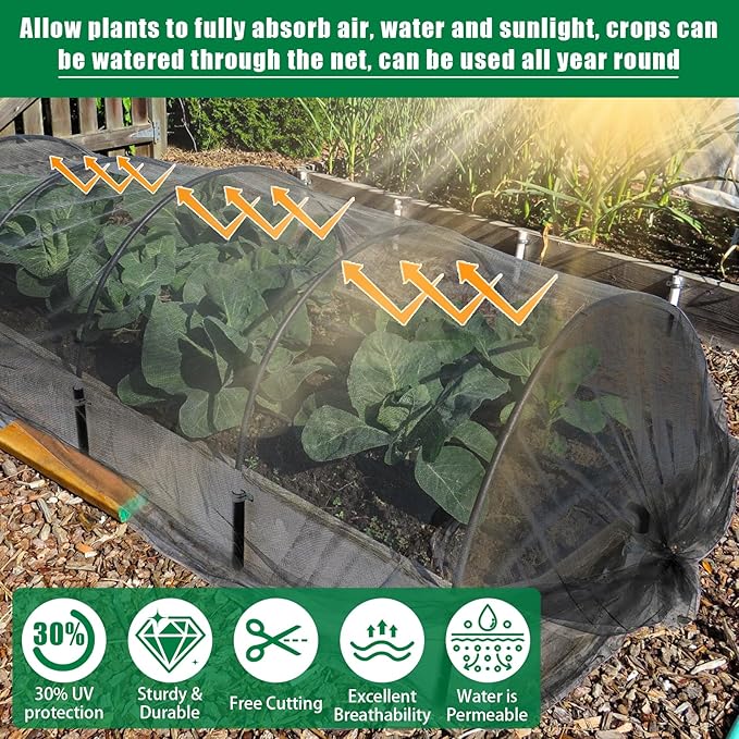 10 X 50 FT Thicker Garden Mesh Netting Pest Barrier for Raised Beds, Black Fruit Tree Netting for Cicadas, Bird Insect Blueberry Bush Strawberry Netting Cover for Garden Protection, Shading Rate 30%