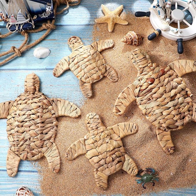 Threehoney 4 Pcs Sea Turtle Beach Theme Decor Handmade Wicker Turtle Wall Decor Sea Life Hanging Wall Art Coastal Nautical Sculpture Table Decoration for Boho Bathroom Indoor Outdoor Ornament