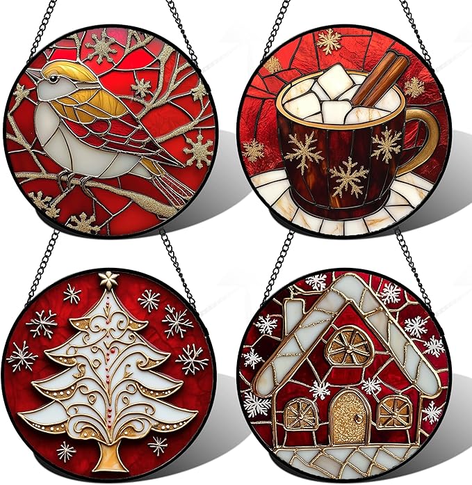 DASTOLL Stained Glass Window Hanging 4 Pcs Set Red Christmas Themed Decorations Large 11.8" - Suncatcher Door Garden Sun Catcher Decor Birthday New Year for Mom Woman Nana Men