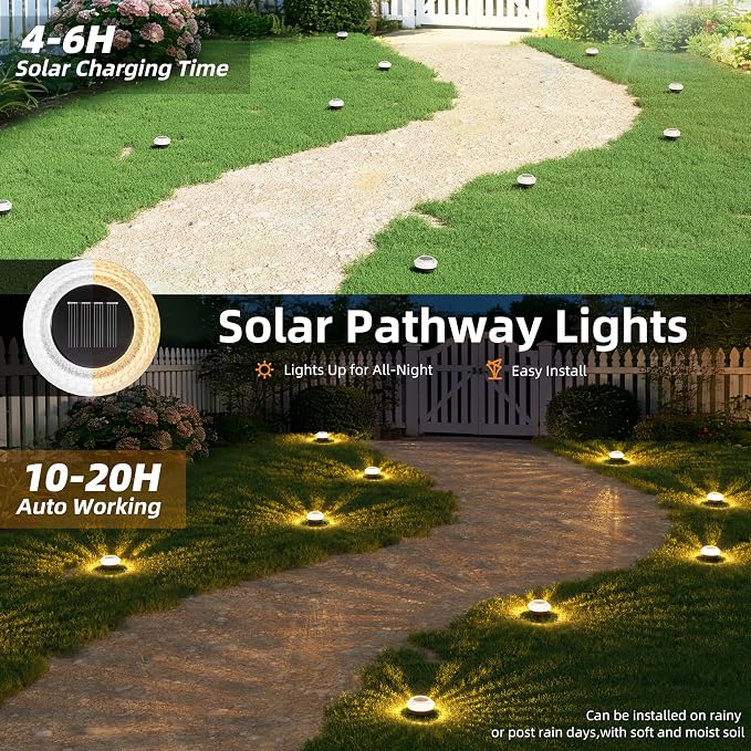 VOLISUN Solar Ground Lights Outdoor,16 Pack Flat Solar Pathway Lights,IP67 Waterproof Solar Powered Disc Lights,Landscape Lighting for Garden Yard Walkway Patio Driveway,Warm White