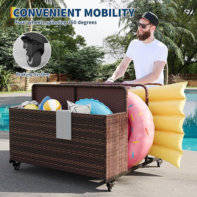 Pool Float Storage Organizer with Rolling Wheels, Outdoor Wicker Rattan Pool Caddy & Toy Storage Basket, All-Weather PE Rattan Holder for Pool Noodles, Life Vests, Beach Balls, Equipment, Patio Deck