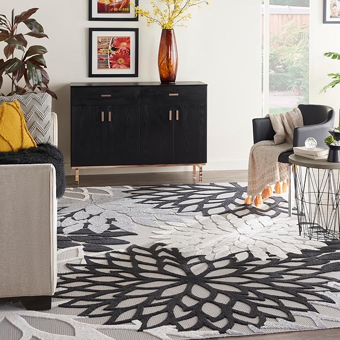 Nourison Home Aloha Indoor/Outdoor Black White 9' x 12' Area Rug, Tropical, Botanical, Easy Cleaning, Non Shedding, Bed Room, Living Room, Dining Room, Deck, Backyard, Patio (9x12)