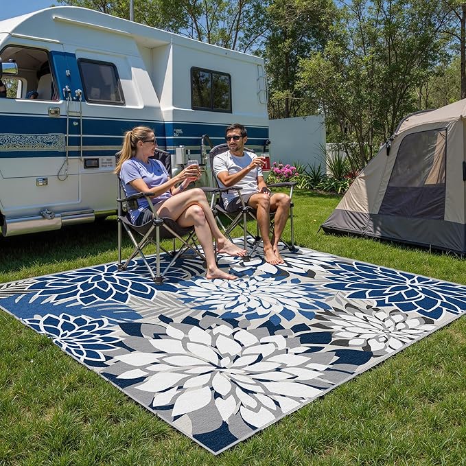 8x10 Outdoor Area Rug Washable Multicolored Patio Rug Tropical Botanical Floral Chenille Waterproof Outdoor Carpet Non-Slip for Deck, Backyard, Porch, Blue